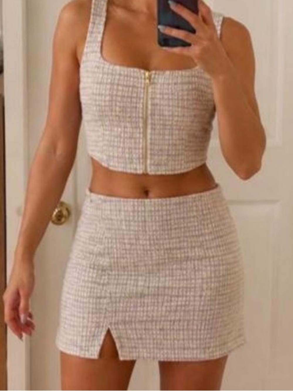 Wayf pink Tweed crop top Mini Skirt set edgy feminine cottage core size M NWT